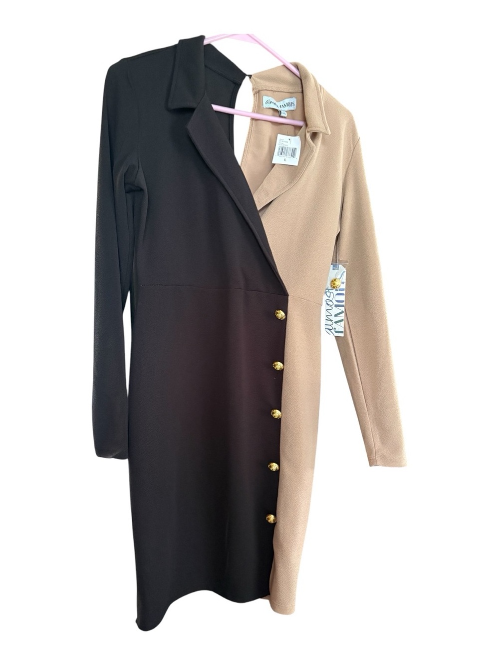 Almost Famous Two-Tone Black and Beige Long-Sleeve Button Dress
